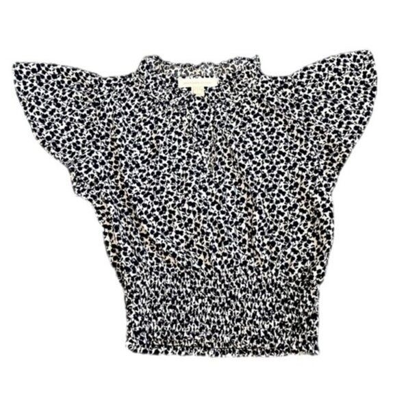 Monteau Los Angeles Floral V-Neck Flutter Sleeve Top Navy Blue and White Size S - Picture 3 of 7
